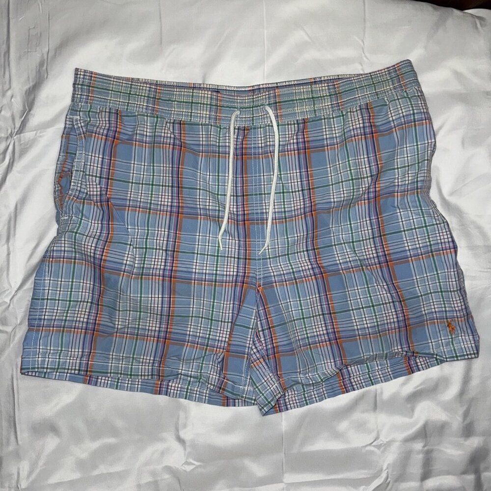 Polo Ralph Lauren Swim Shorts Blue Purple Plaid Mesh Lined Mens Size Large